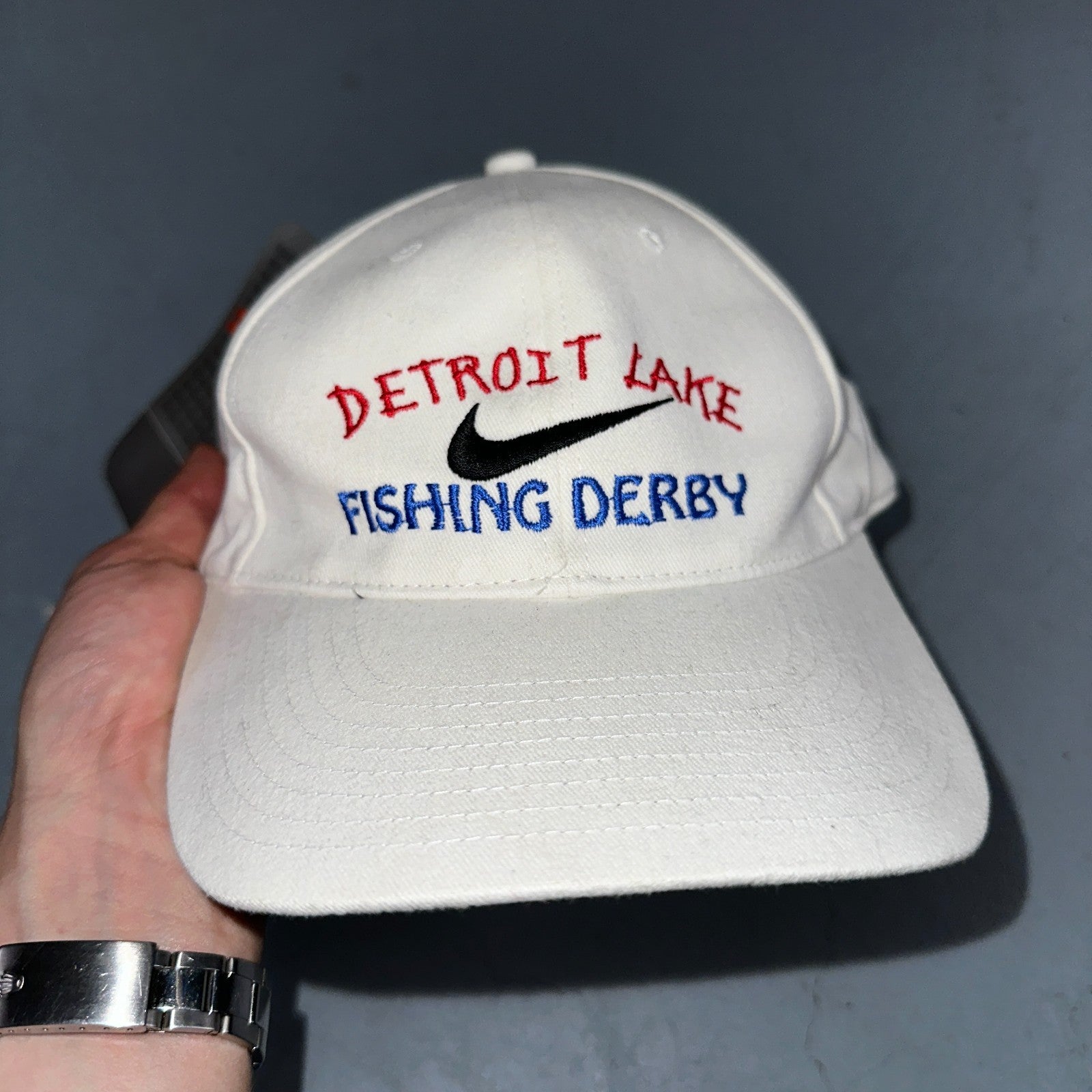 Vintage 2002 Nike Detroit Lake Fishing Derby Hat NWT White Cap Swoosh RARE USA