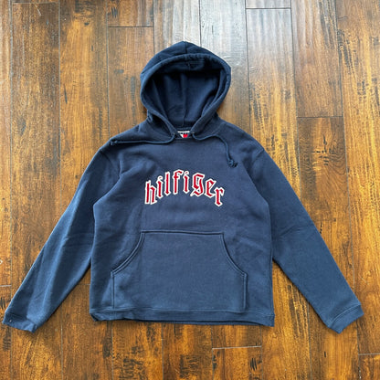VTG Tommy Hilfiger Blue Pullover Hoodie Embroidered Size Small 90s Spellout