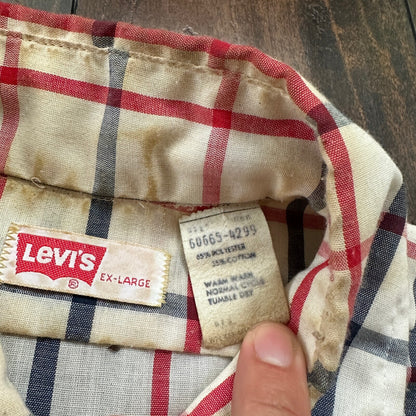 Vintage Levis Shirt Mens XL Red Blue Plaid Button Up White Tab 80s 90s 1980s