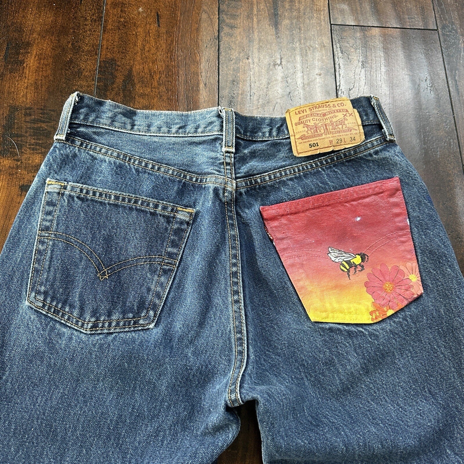 Vintage 90s Levis 501 29x34 USA Blue Denim Jeans Act 27x29 Med Wash Custom Bee