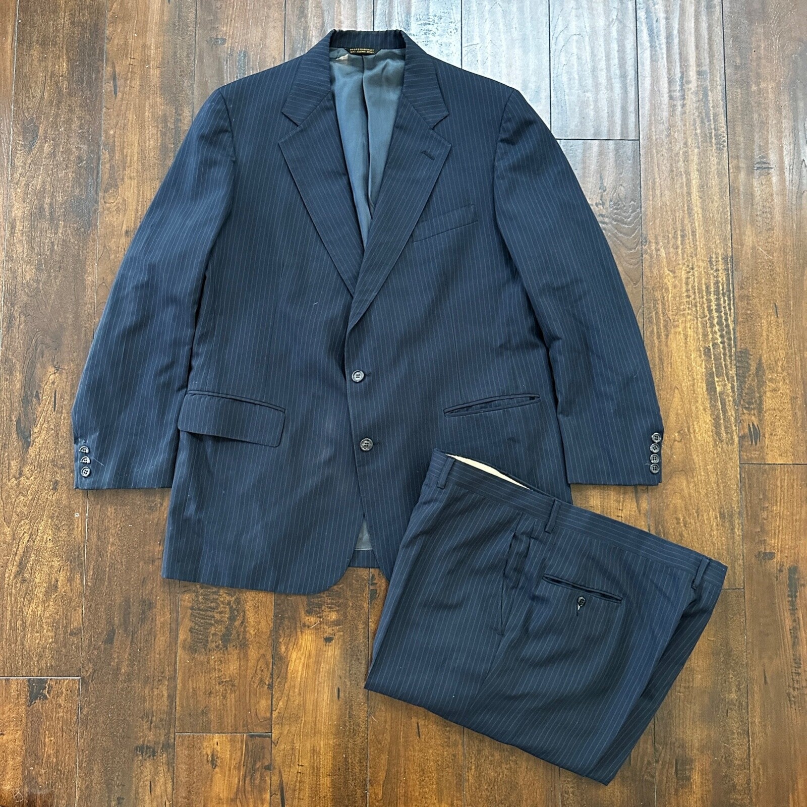 1960s Navy Blue Sport Jacket VTG Mens Suit 44 38x28 Rockabilly Pinstripe Pants
