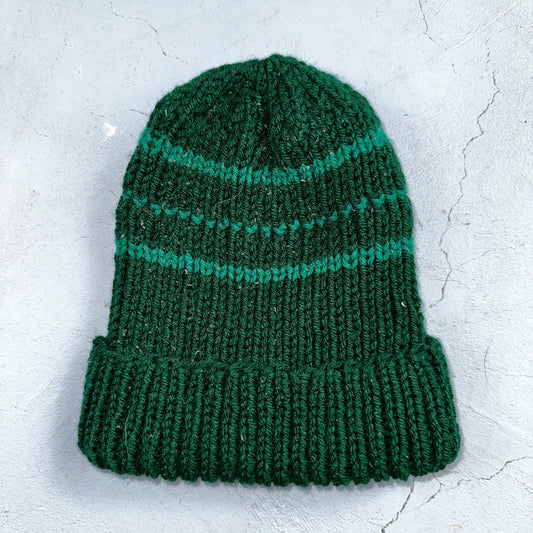 VTG 70s Wool Hand Knit Winter Beanie Hat OSFM Rockabilly Warm Grunge Basic Green