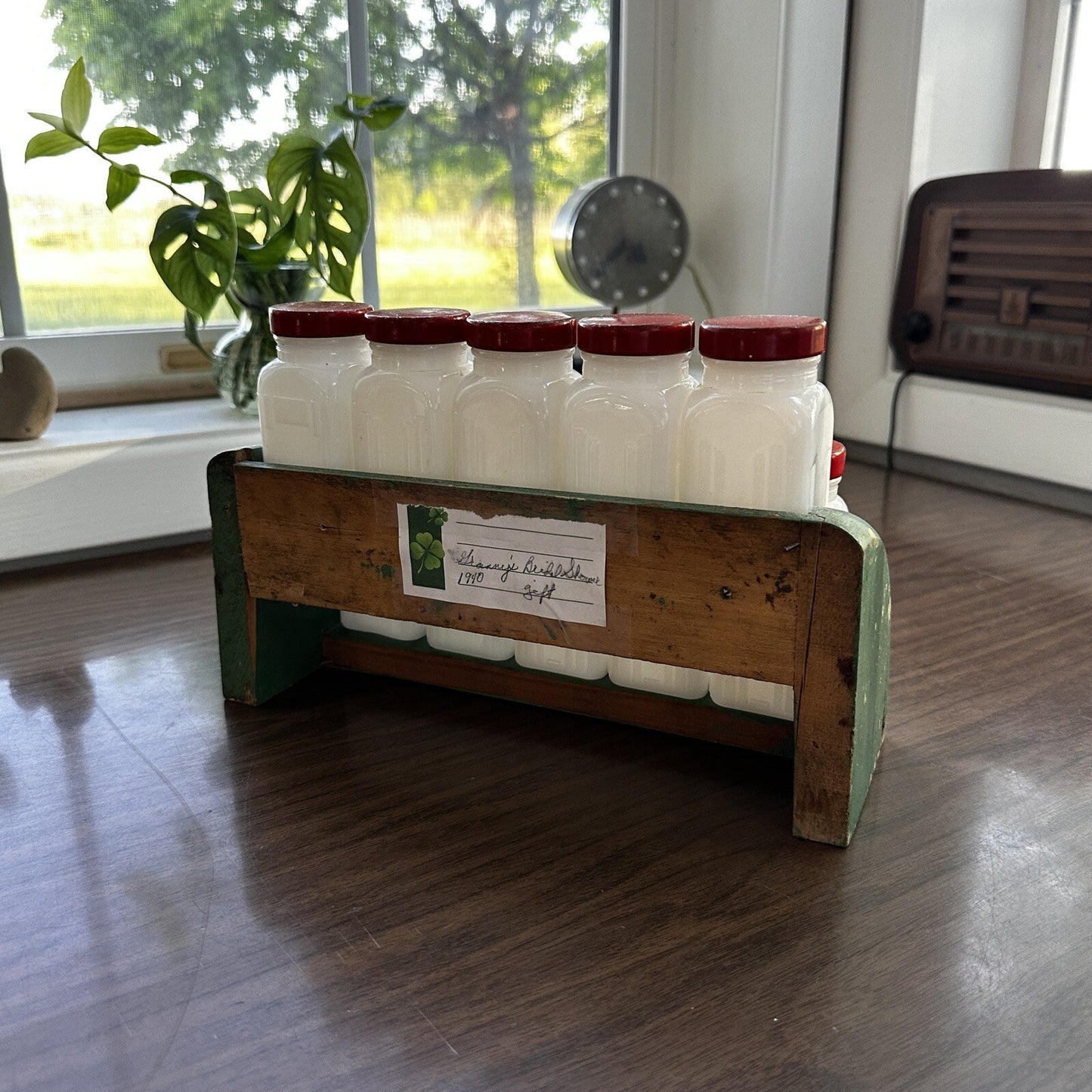 Griffith Milk Glass Spice Jar Set with Wooden Rack USA 1930s Art Deco 12 Pc