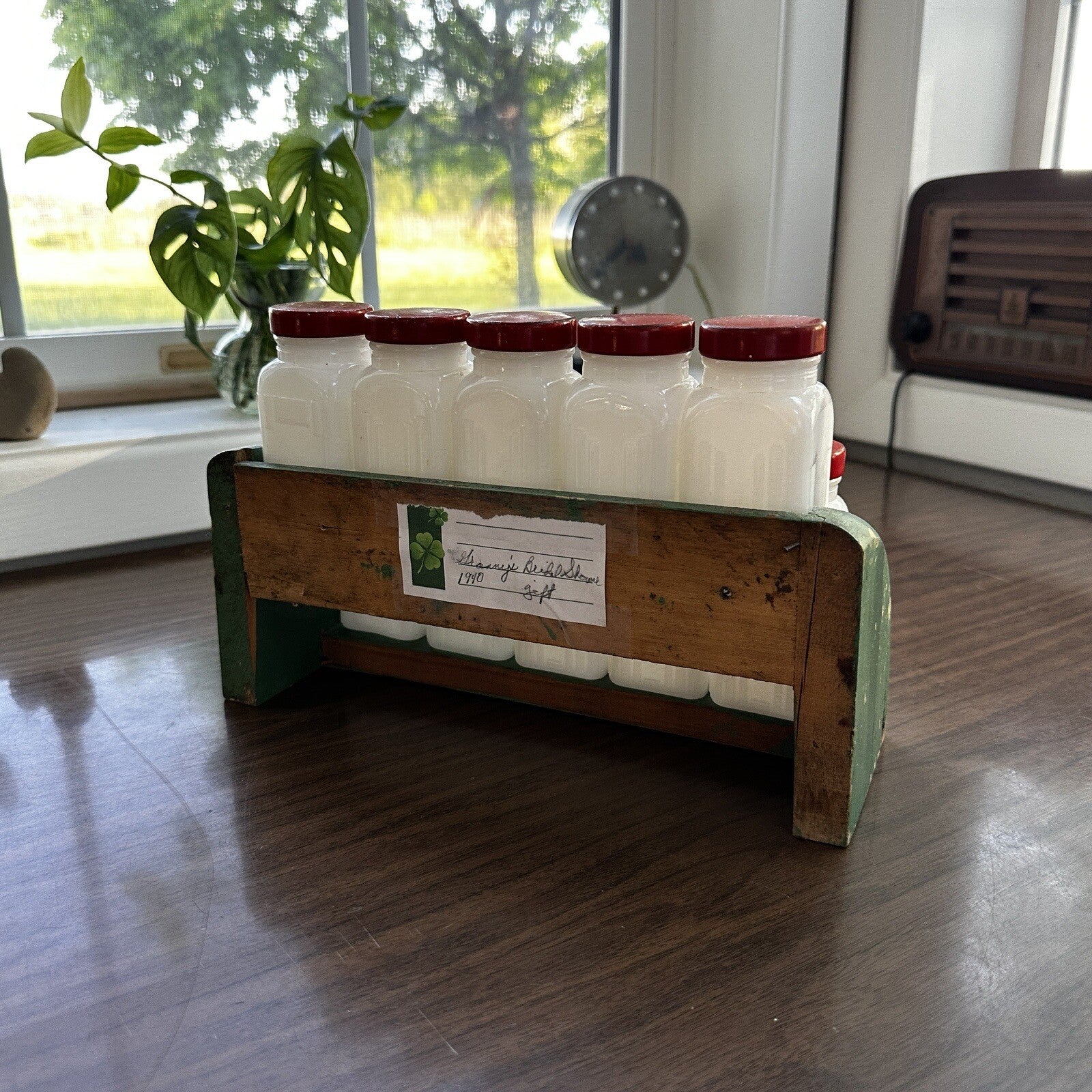 Griffith Milk Glass Spice Jar Set with Wooden Rack USA 1930s Art Deco 12 Pc