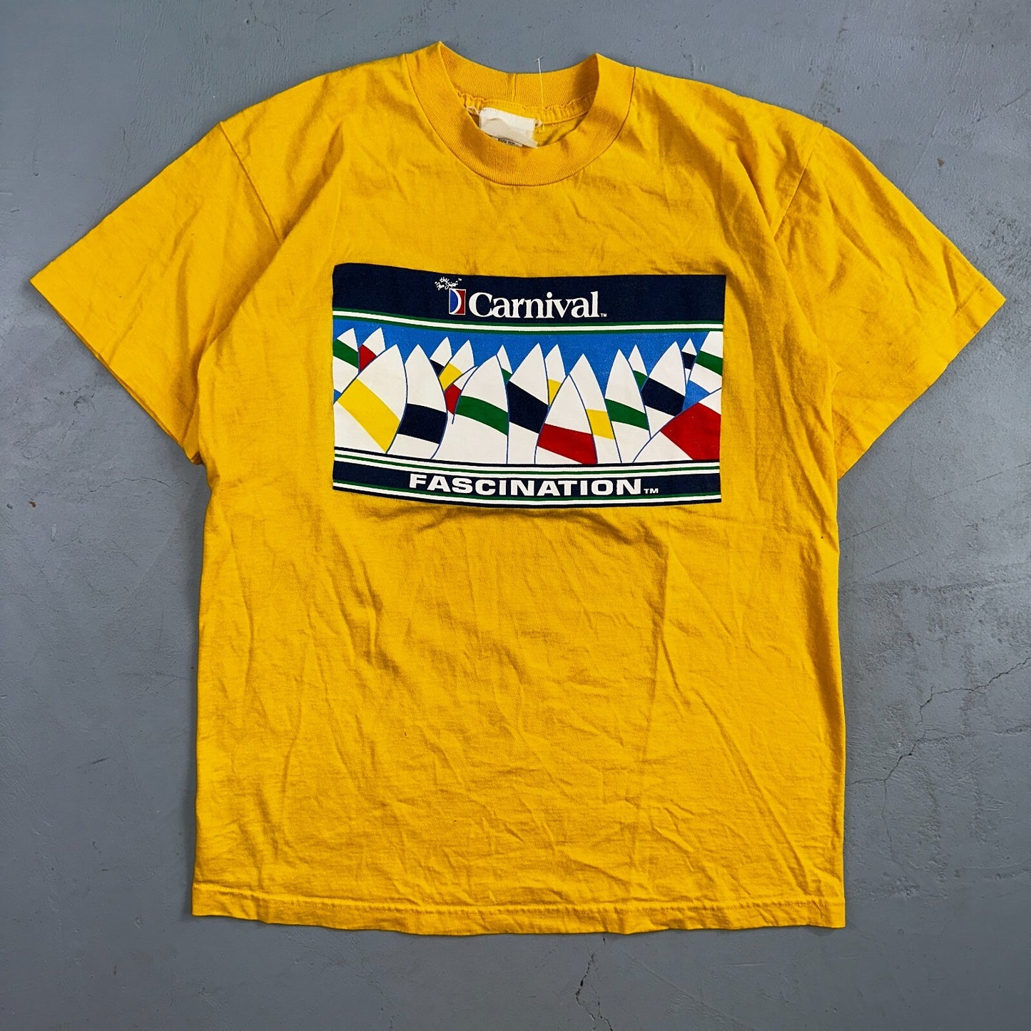 Carnival Fascination Yellow VTG T Shirt Travel Sail Boats Single Stitch Large