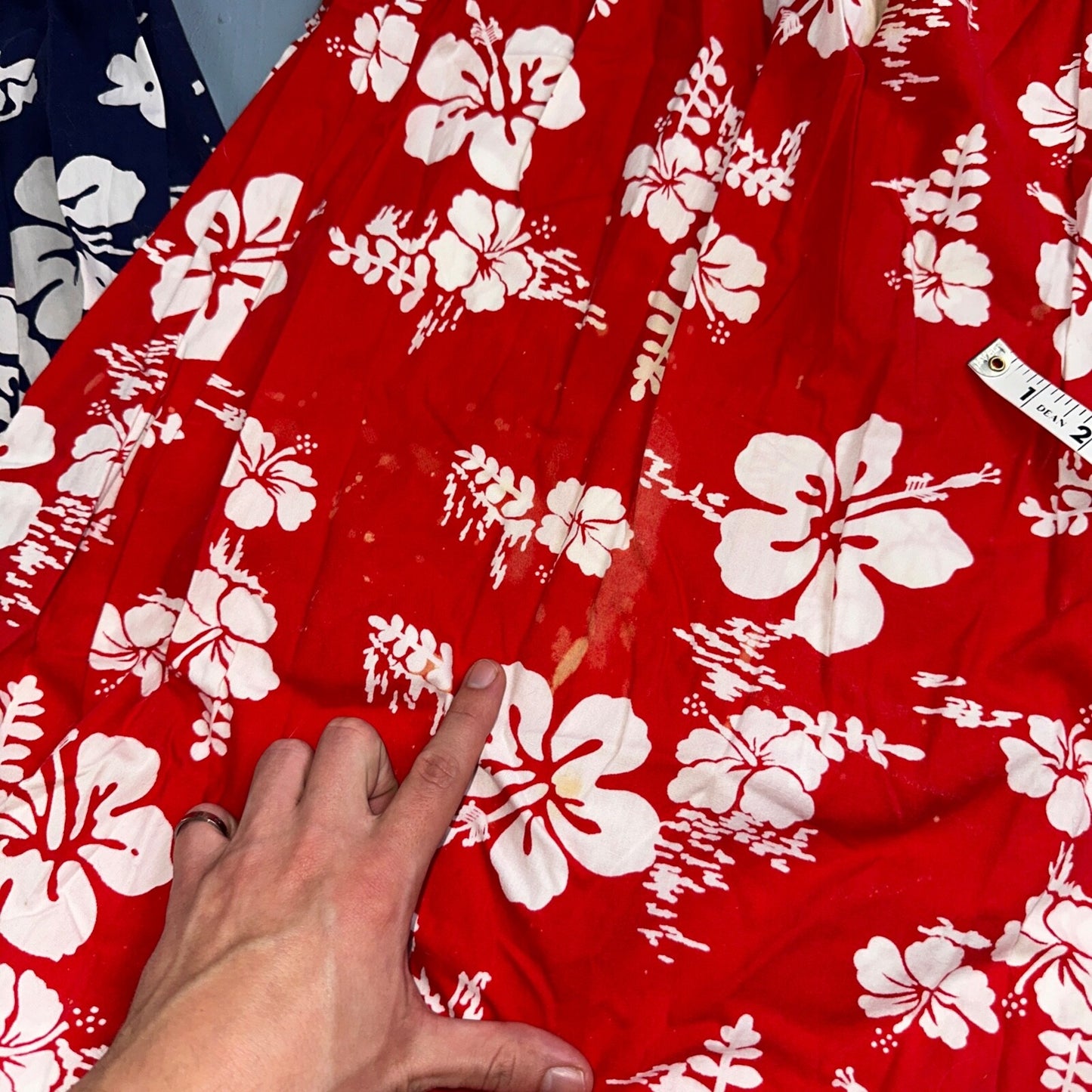 Vintage 60's Ui-Maikai Barkcloth Red and Blue Hawaiian Dress Lot Needs Repairs