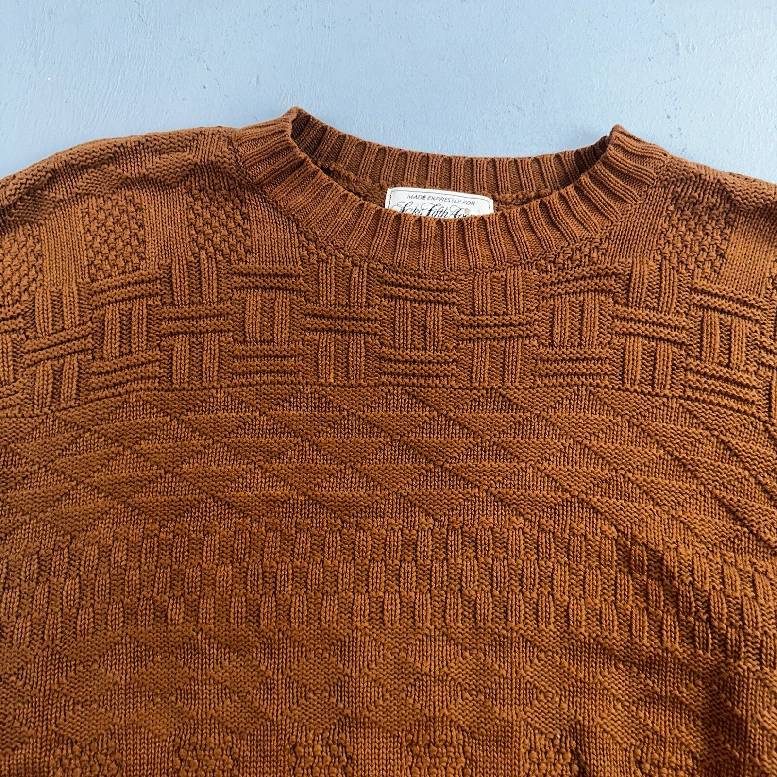 Vintage Saks Fifth Avenue Sweater 100% Cotton Mens M Brown Pullover Mock Neck