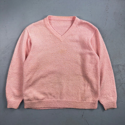 Vintage Pink Knit Sweater Cardigan Womens 70s 80s Basic Cozy Essential Winter