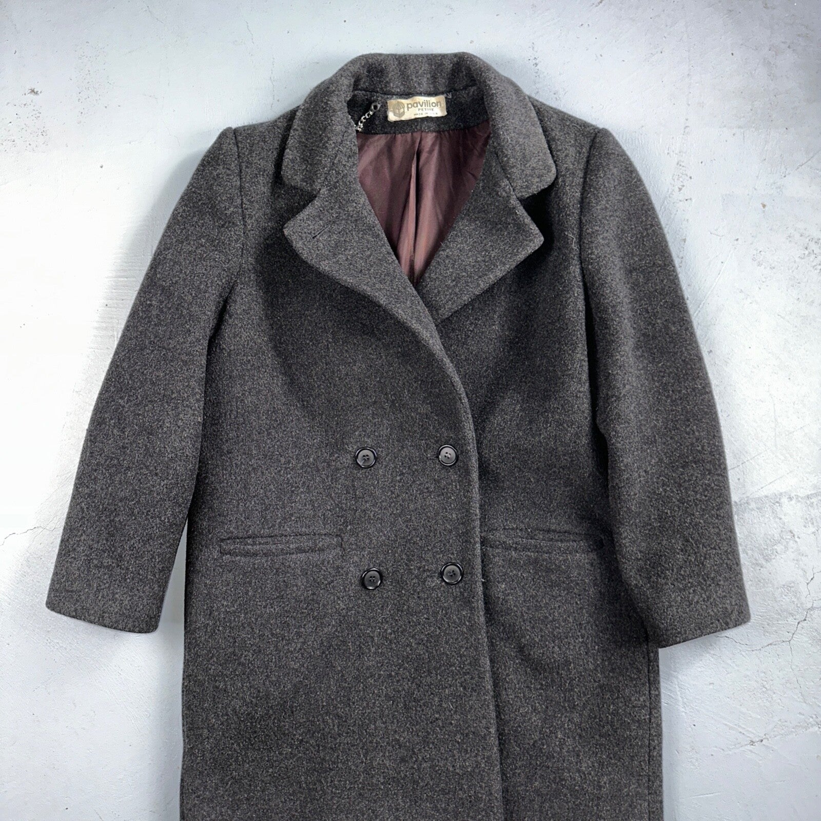 VTG Pavilion Petite Gray Coat  Womens  Double Breasted Long Trench Overcoat Sz L