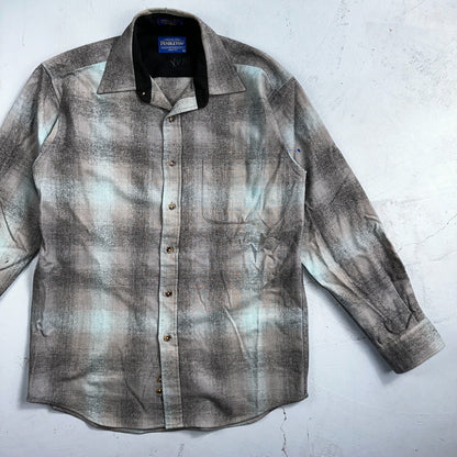 Pendleton Lodge Button Up Shirt Men's Medium Wool Plaid Gray Teal Pocket