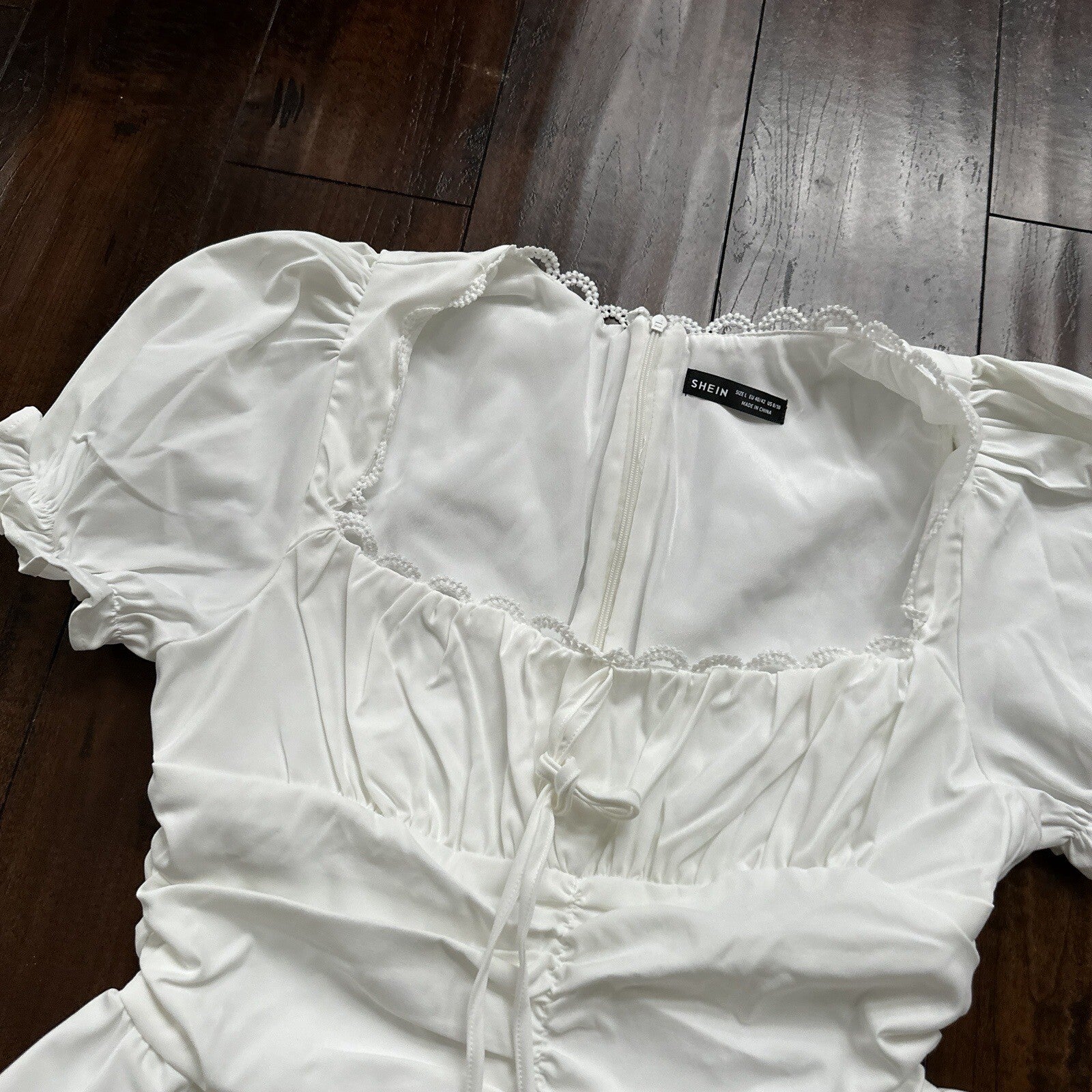 SHEIN MOD Ruched Bust Shirred Back Puff Sleeve Front Dress White Sexy Summer