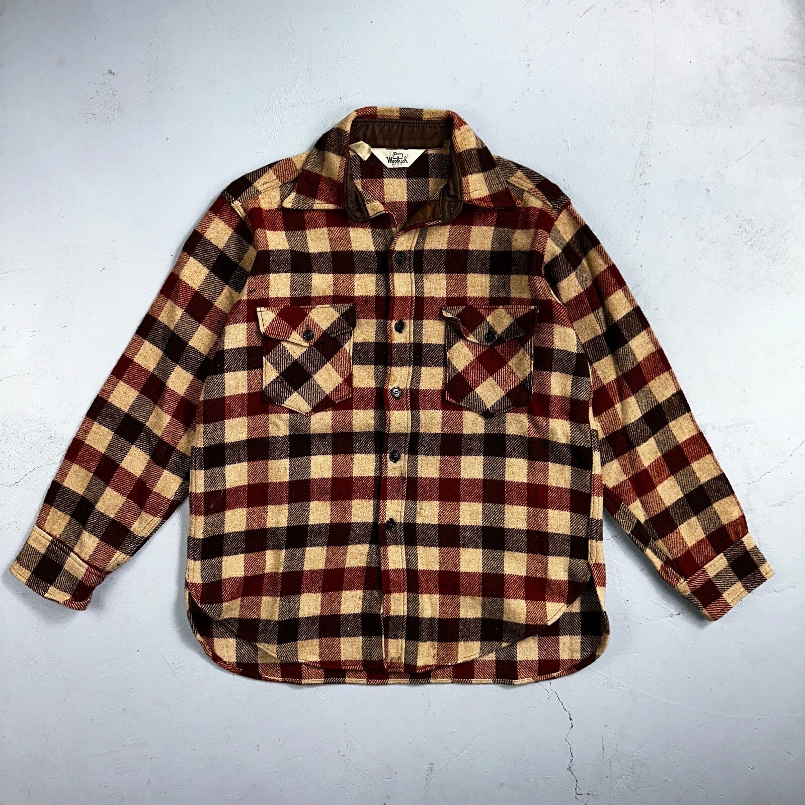Vintage 70s Woolrich Heavy Thick Wool Plaid Brown Red Shirt Jacket XL 1970s