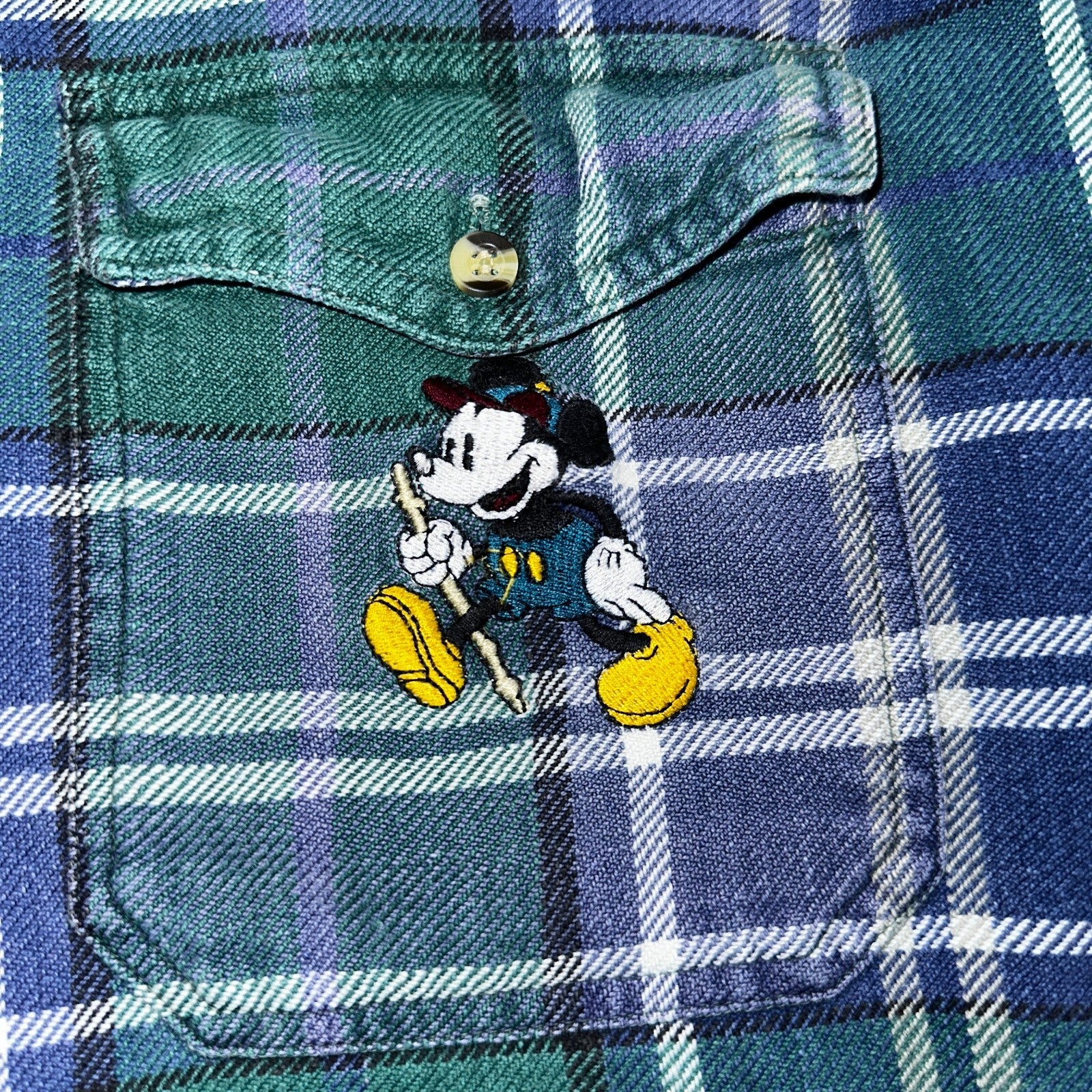 Vintage 90s Disney Mickey 2XL Blue Green Plaid Flannel Shirt Embroidered Pocket
