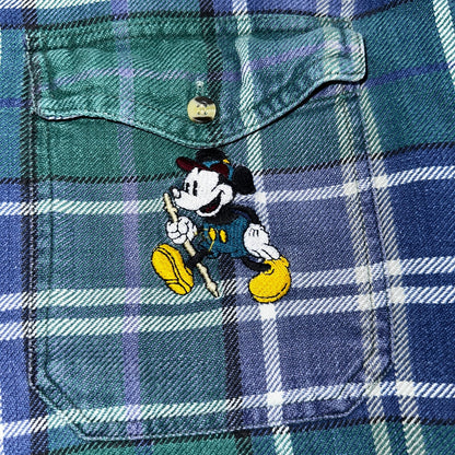 Vintage 90s Disney Mickey 2XL Blue Green Plaid Flannel Shirt Embroidered Pocket