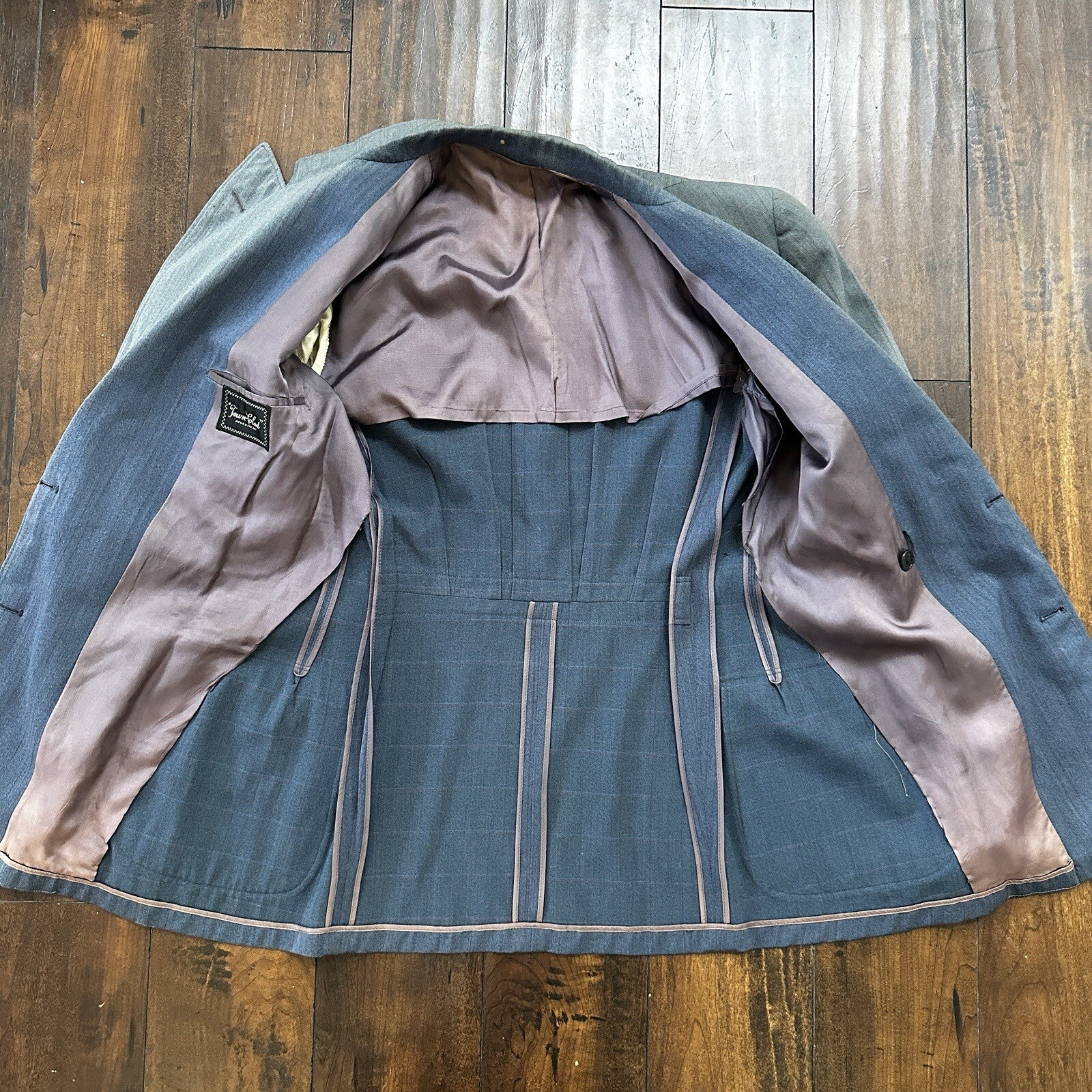 30s 40s 3 pc Pinstripe Blue Double Breasted Suit Belt Back Wool 34 26x31 Faded