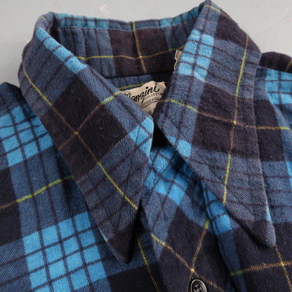 VTG 1970s Men's L Blue Flannel Shirt Black Ribbed Ricky Monzini USA Rockabilly