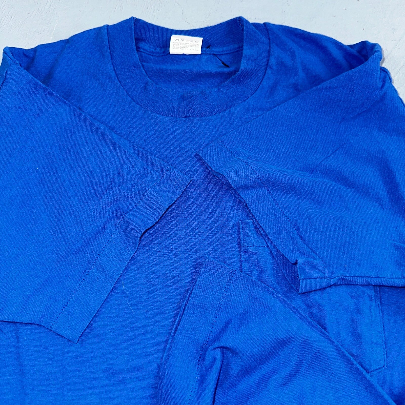 FOTL Blank 90s VTG T Shirt USA Pocket Blue Basic Simple Single Stitch Selvedge