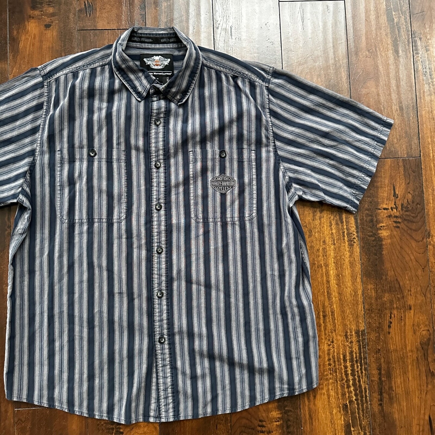 Harley Davidson Shirt Button Up XL Short Sleeve VTG Embroidery Striped Blue