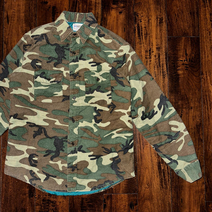 VTG 70s Five Brother Shirt Mens M Green Flannel Woodland Camo Made In USA 80s