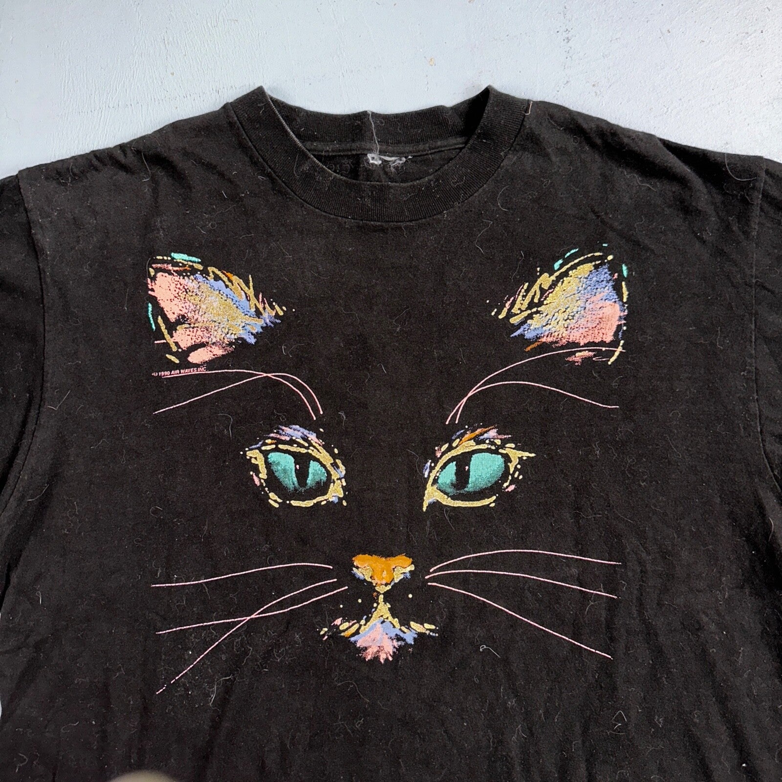 Vintage Airwaves T Shirt XL Black Cat Painted Artsy Screen Stars 1990 Rare Rap