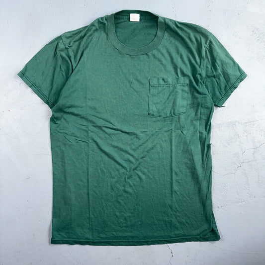 Blank 90s Fruit Of The Loom Pocket VTG T Shirt Y2K Green Selvedge Worn Thrashed