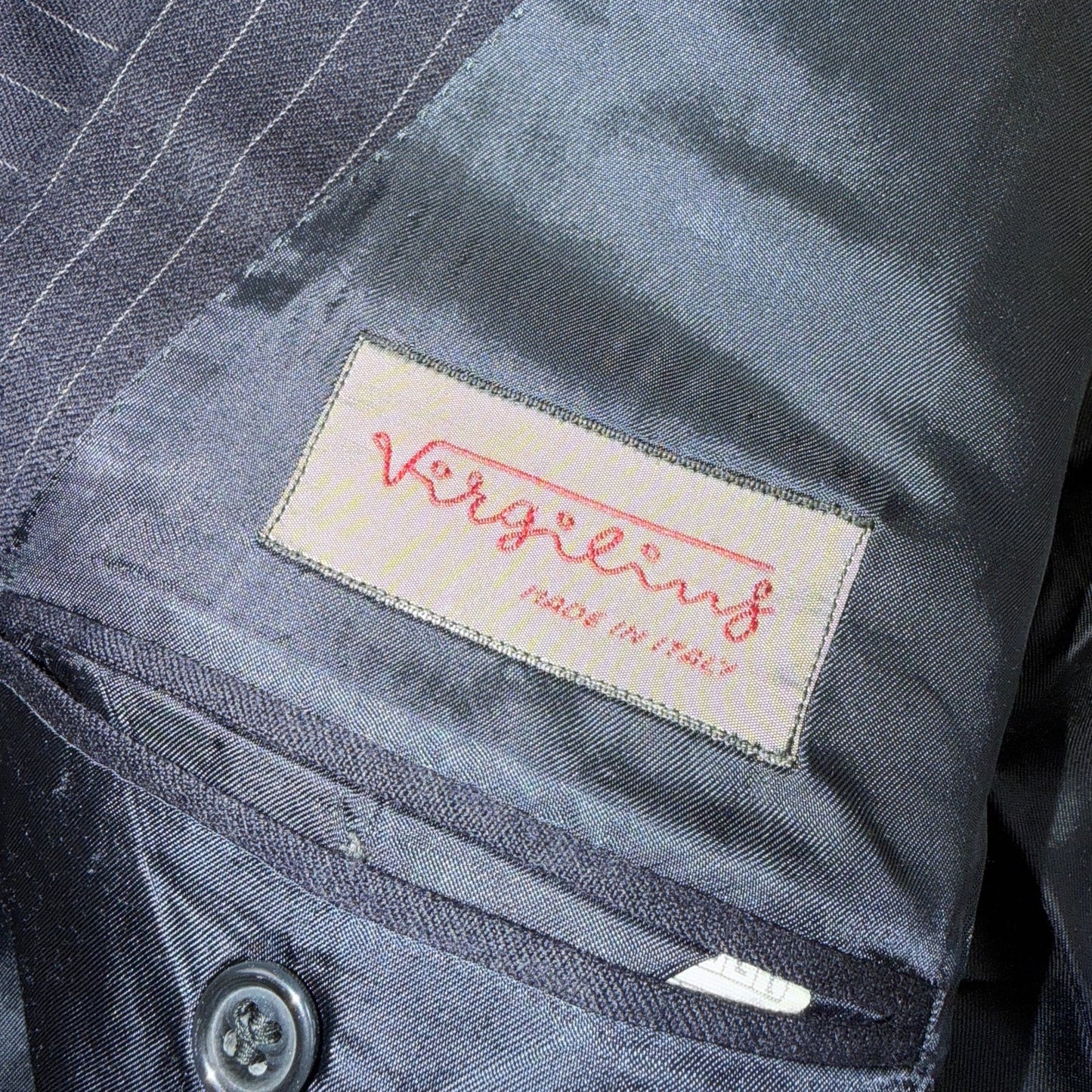 VTG Wool Suit Italy 54 Jacket Sport Coat Virgilini Double Breast Pin Stripe 80s