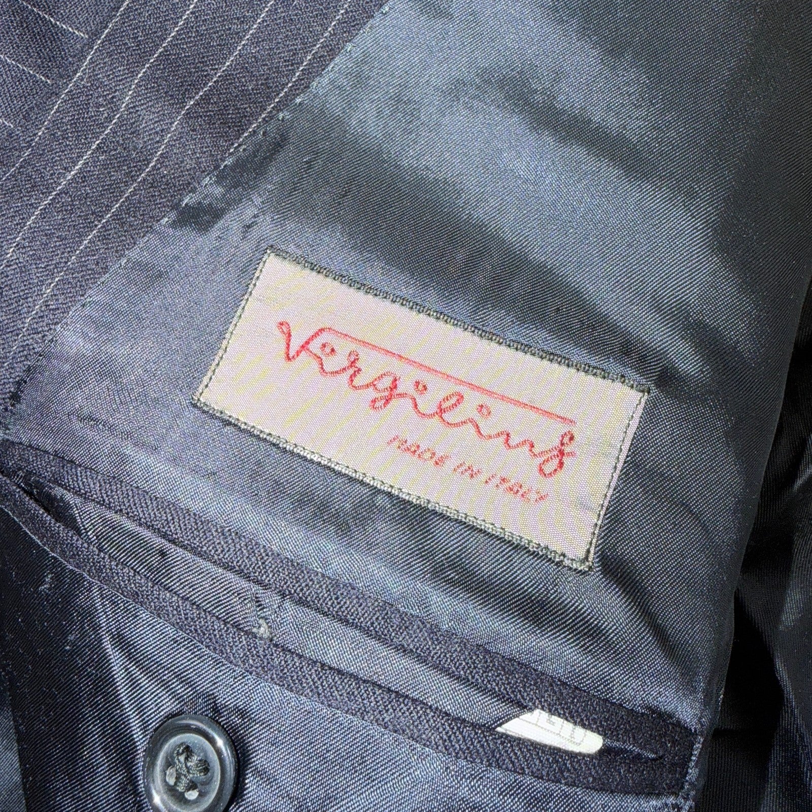 VTG Wool Suit Italy 54 Jacket Sport Coat Virgilini Double Breast Pin Stripe 80s