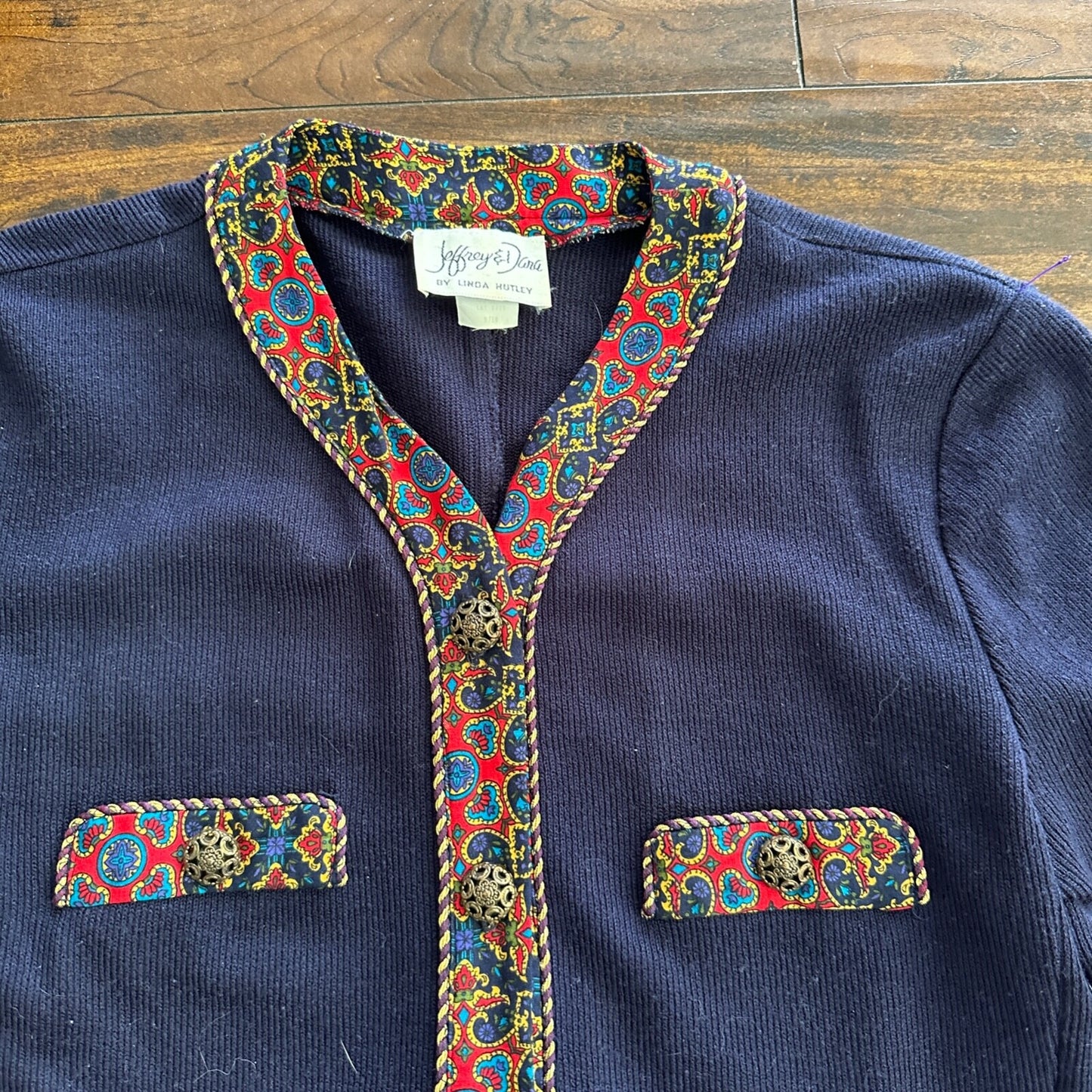 Jeffrey and Dara by Linda Hutley Knit Blazer Paisley VTG Navy Cardigan 90s