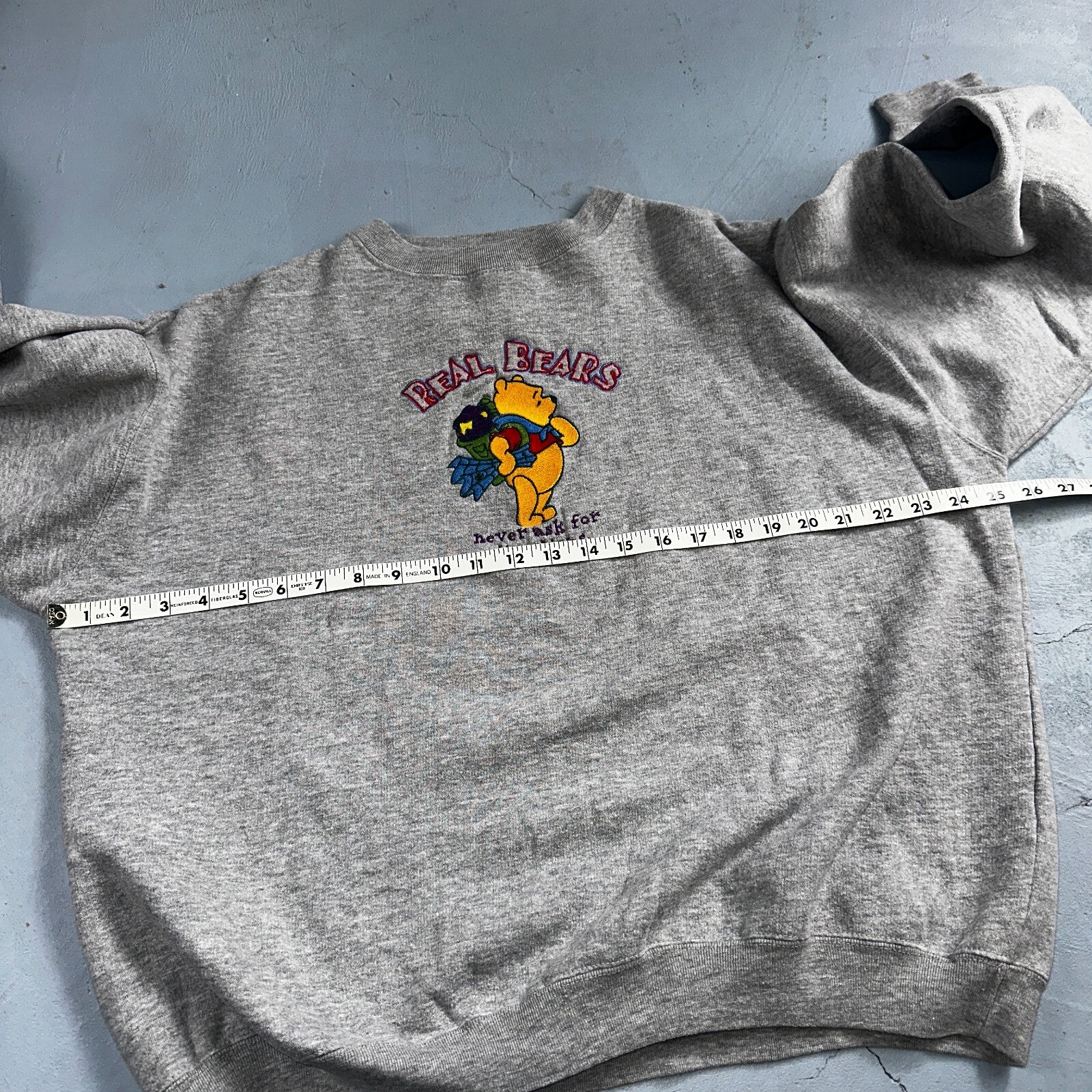 Pooh VTG Real Bears Never Ask Crew Neck Sweatshirt XL Embroidered Grey 90s