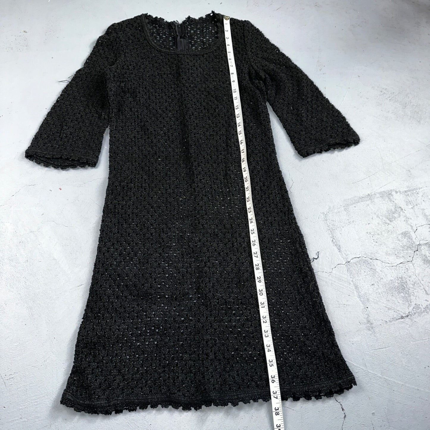 Vtg 60s 70s Lace Dress Fit Rockabilly Simple Black Midi Long Sleeve Talon