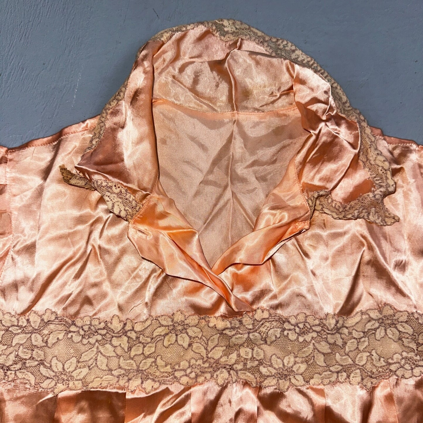 VTG Orange Pink 1970s Lingerie Slip Dress Sleepwear Full Sweep Crop Lace Shirt