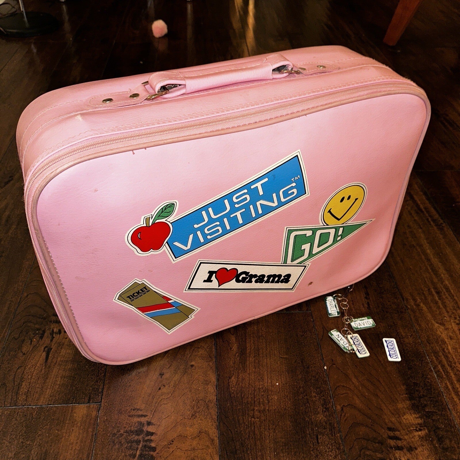 Vintage Childrens Pink Suitcase Just Visiting  Grandmas House Girls Travel Cute