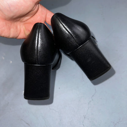 Kate Spade Alia Black Block Heel Pump 9.5 Leather Chunky Silver Tone Buckle