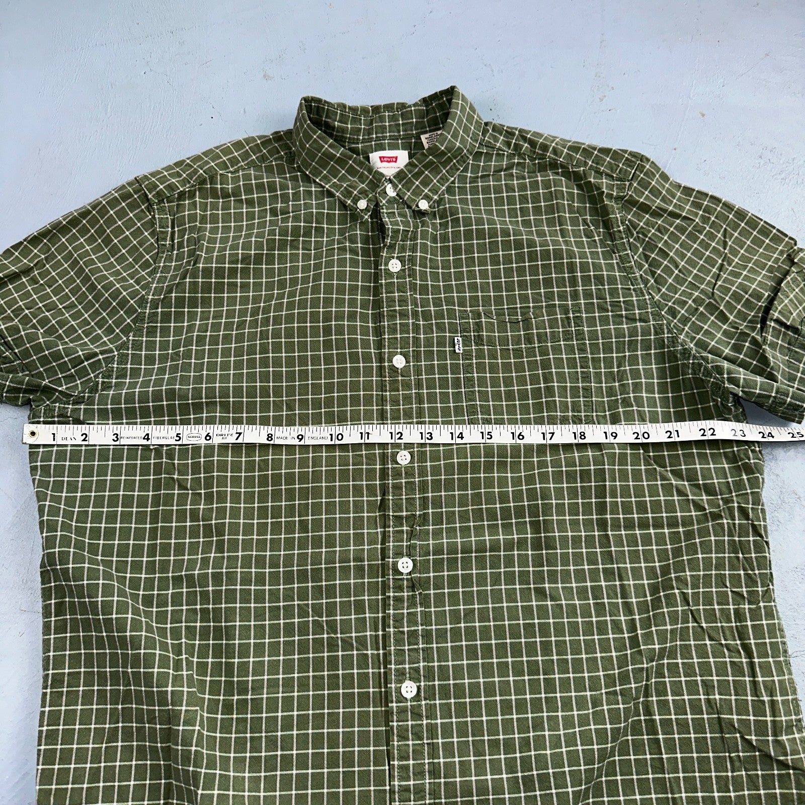 Levis White Tab Mens Button Up Shirt Short Sleeve Green Yellow Plaid Checker XL