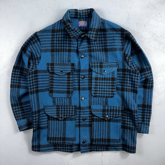 Pendleton Wool Coat Mackinaw VTG Hunting Jacket Blue Plaid Mens Large USA 80s