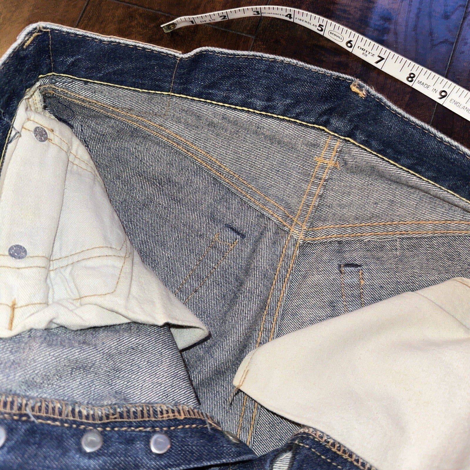 Levis 501 Big E VTG 60s Redline Denim Destroyed Jeans 1960s 28x28 Fringe Boot