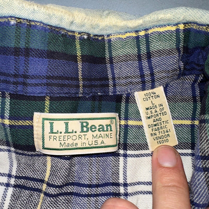 VTG USA Made LL Bean Flannel Lined Worn Distressed Denim Shirt Size L Farm Core