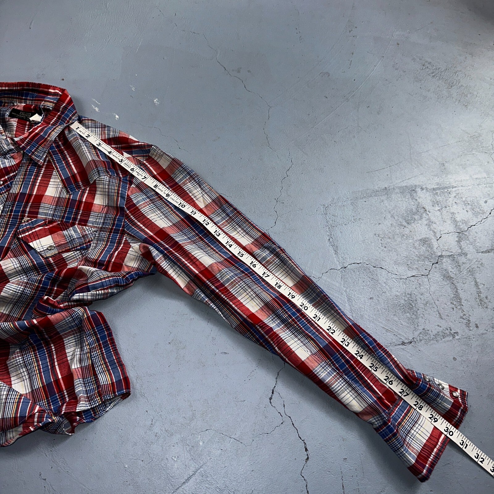 Sears VTG Western Wear L Plaid Ranch Rodeo Shirt Jacket Pearl Snap Red 16