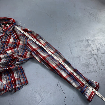 Sears VTG Western Wear L Plaid Ranch Rodeo Shirt Jacket Pearl Snap Red 16