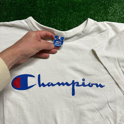 Champion USA White 80s Vintage T Shirt Basic Spellout Logo Gym Basic Graphic Lot