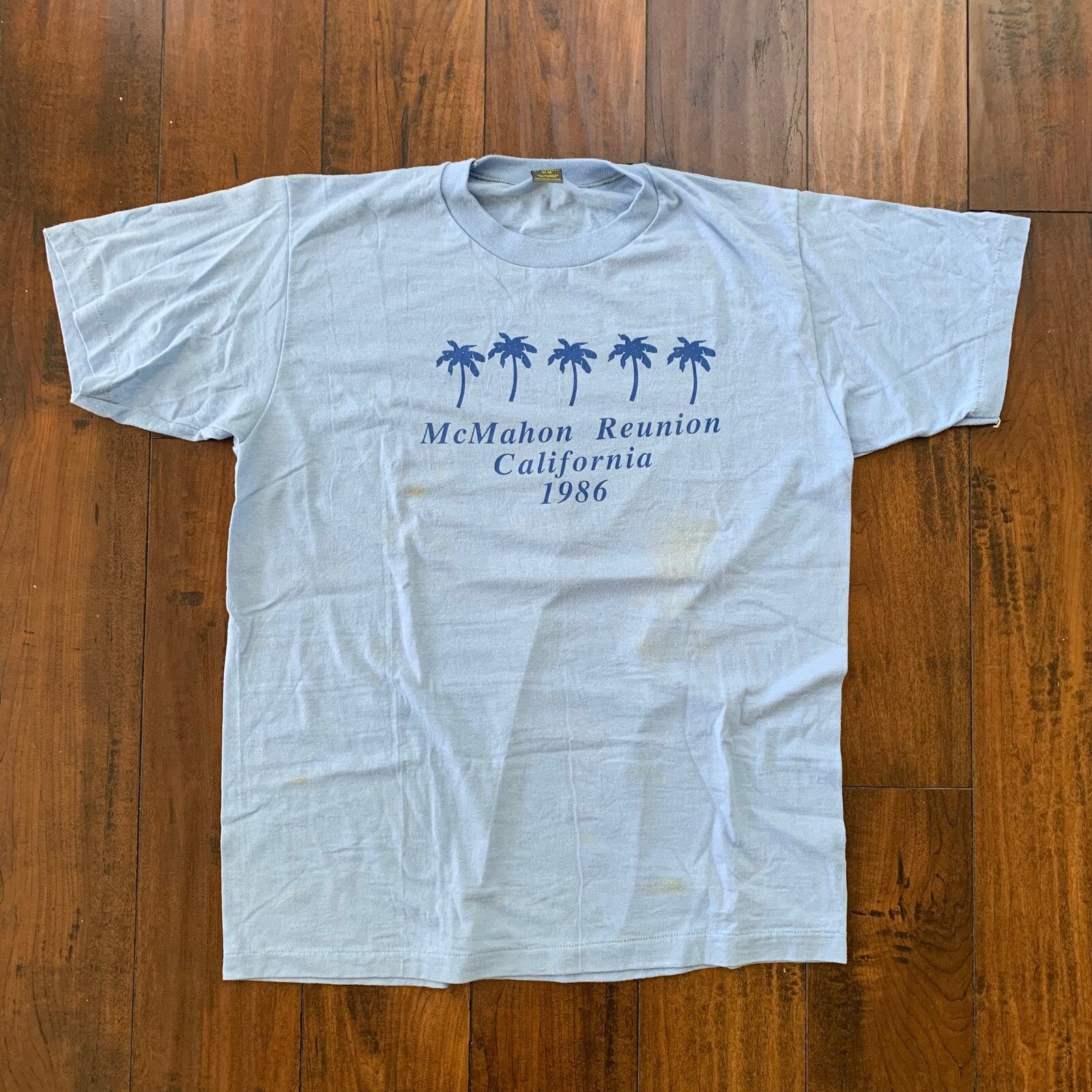 McMahon California Vintage T Shirt 1986 Blue 86 Coast Travel Reunion Palm Trees