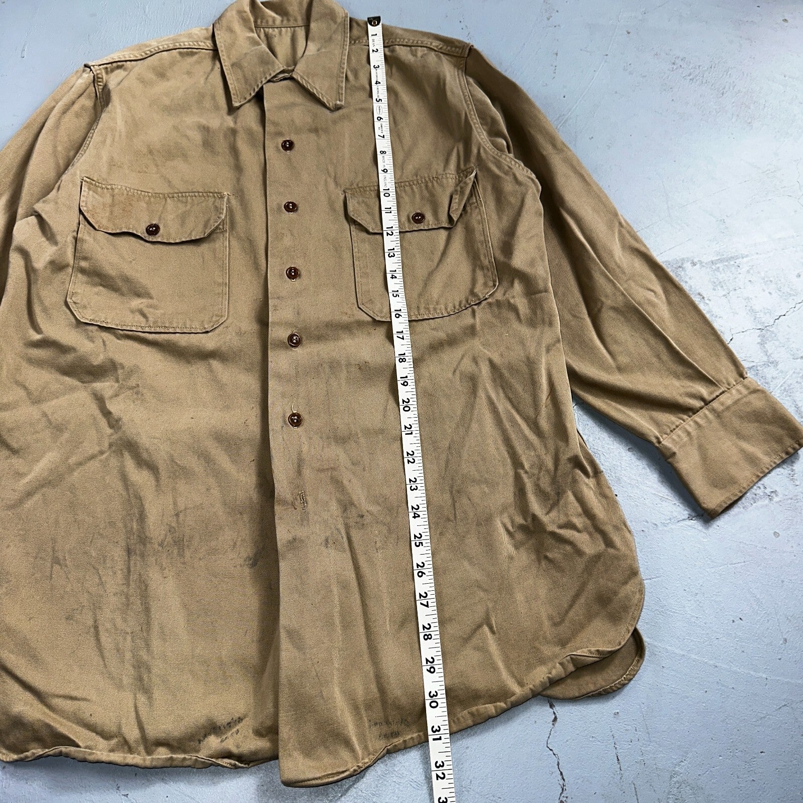 Vintage 40s WWII Gusset Khaki Work Army Military Button Shirt Stencil USN