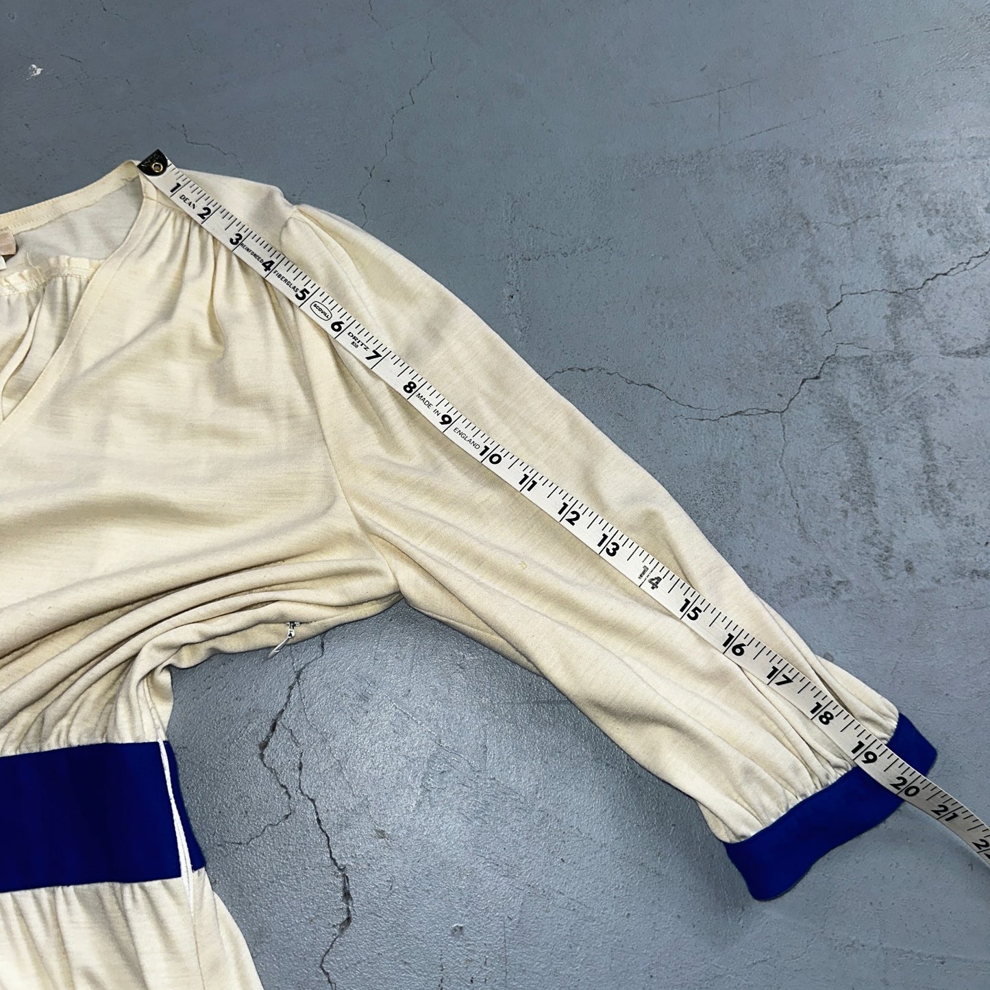 Vintage René Helga Howie Cream Midi Dress Blue Trim V-Neck 3/4 Sleeve Boho 70s