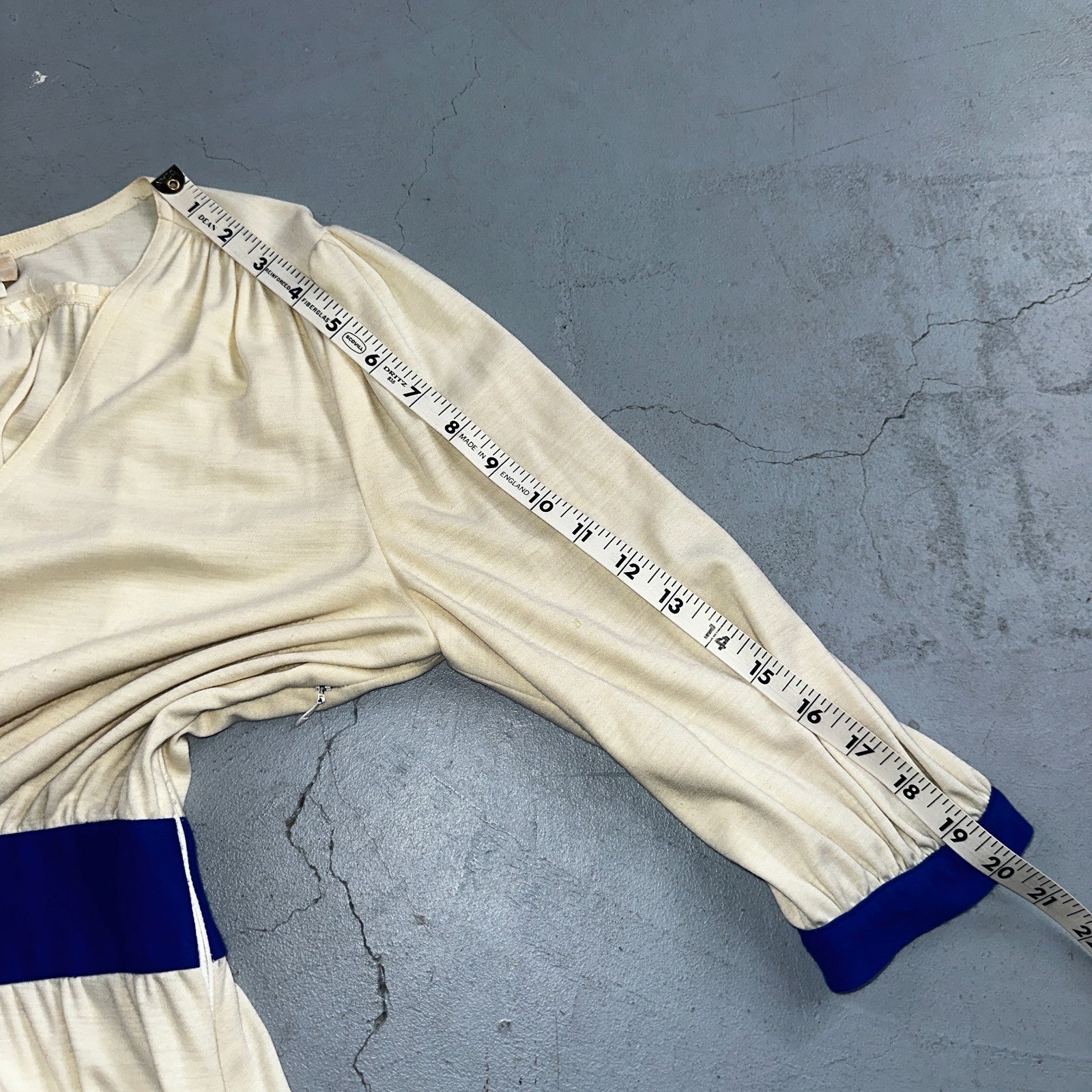 Vintage René Helga Howie Cream Midi Dress Blue Trim V-Neck 3/4 Sleeve Boho 70s