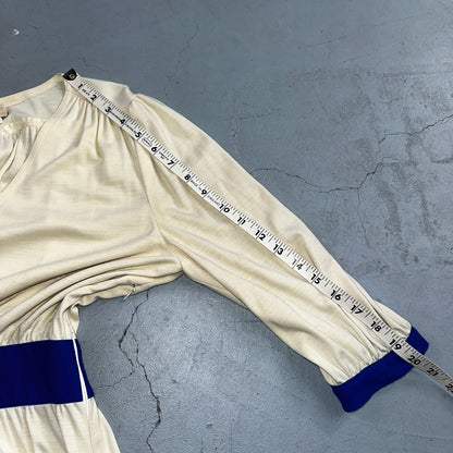 Vintage René Helga Howie Cream Midi Dress Blue Trim V-Neck 3/4 Sleeve Boho 70s