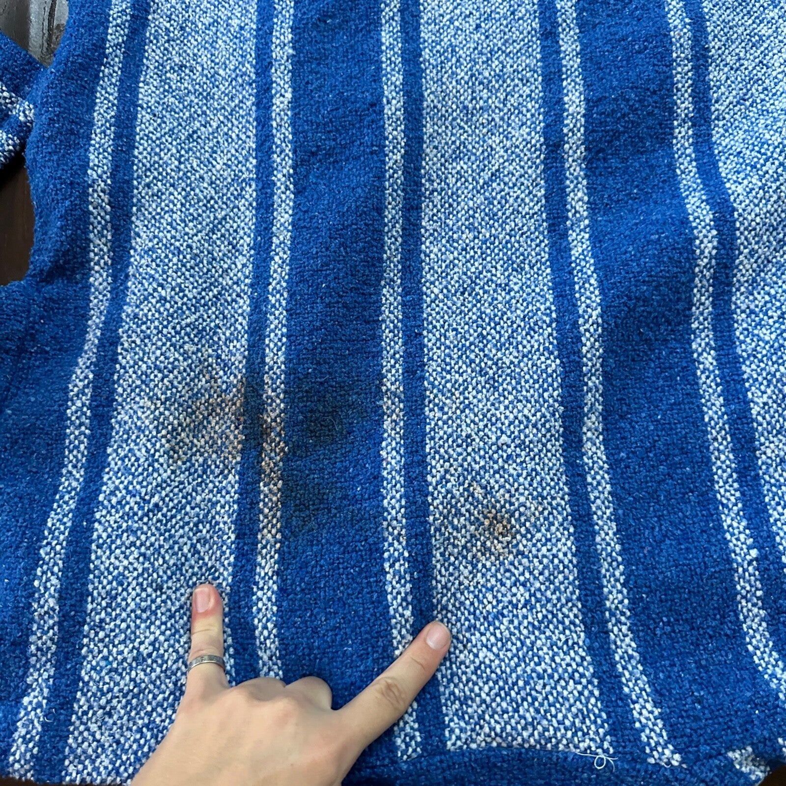 VTG Mexican Poncho Baja Hoodie Surfer Skater Drug Rug Pullover Blue White L