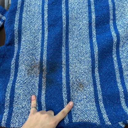 VTG Mexican Poncho Baja Hoodie Surfer Skater Drug Rug Pullover Blue White L