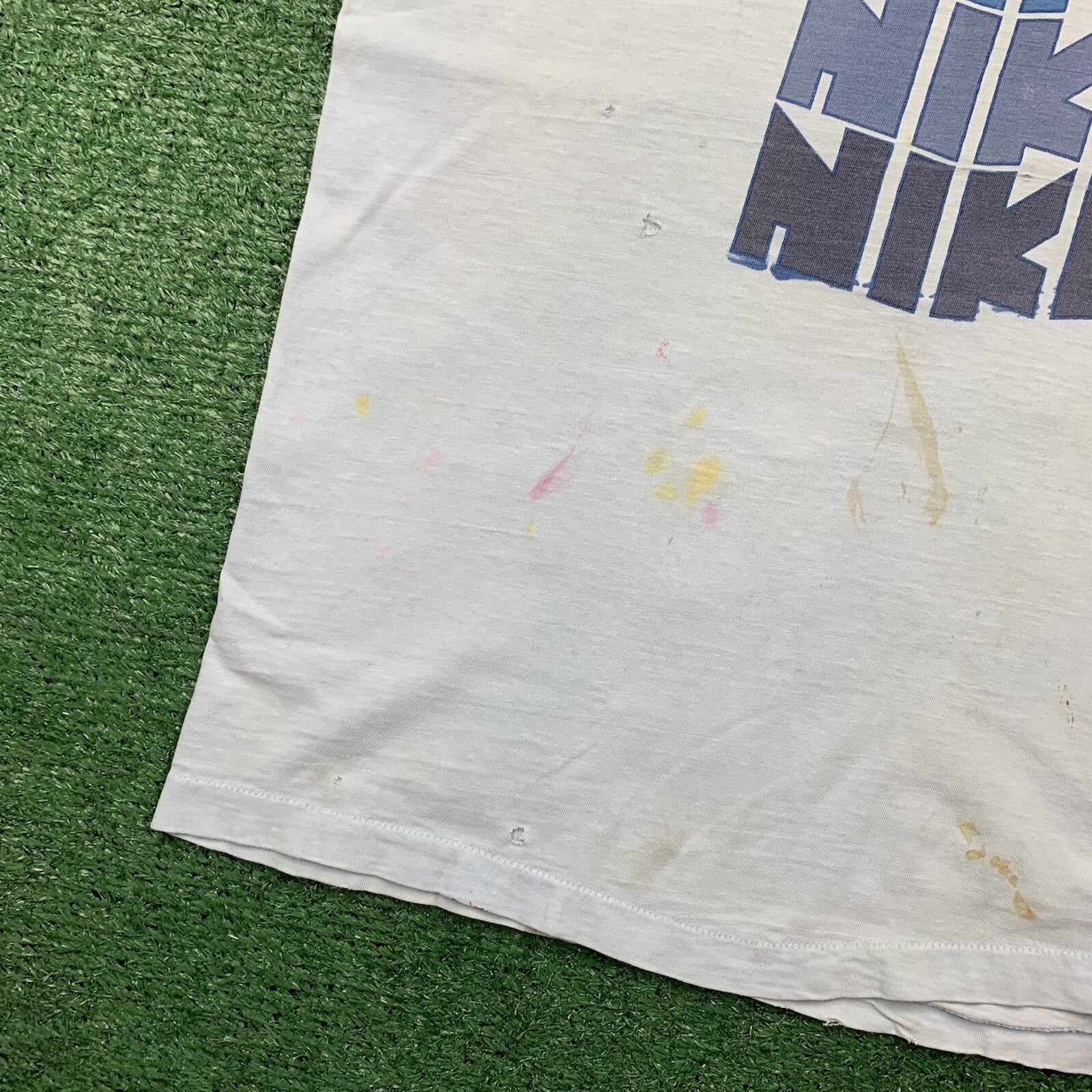 Nike Vintage T Shirt Mens L Quad Block Print Thrashed 70s Original Distressed