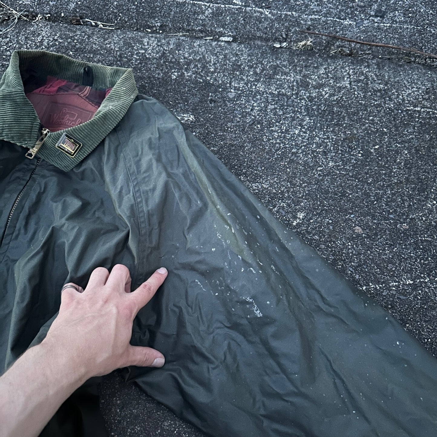 Vintage Woolrich Bomber Jacket Green USA Stained 90s Red Lining USED HEAVY