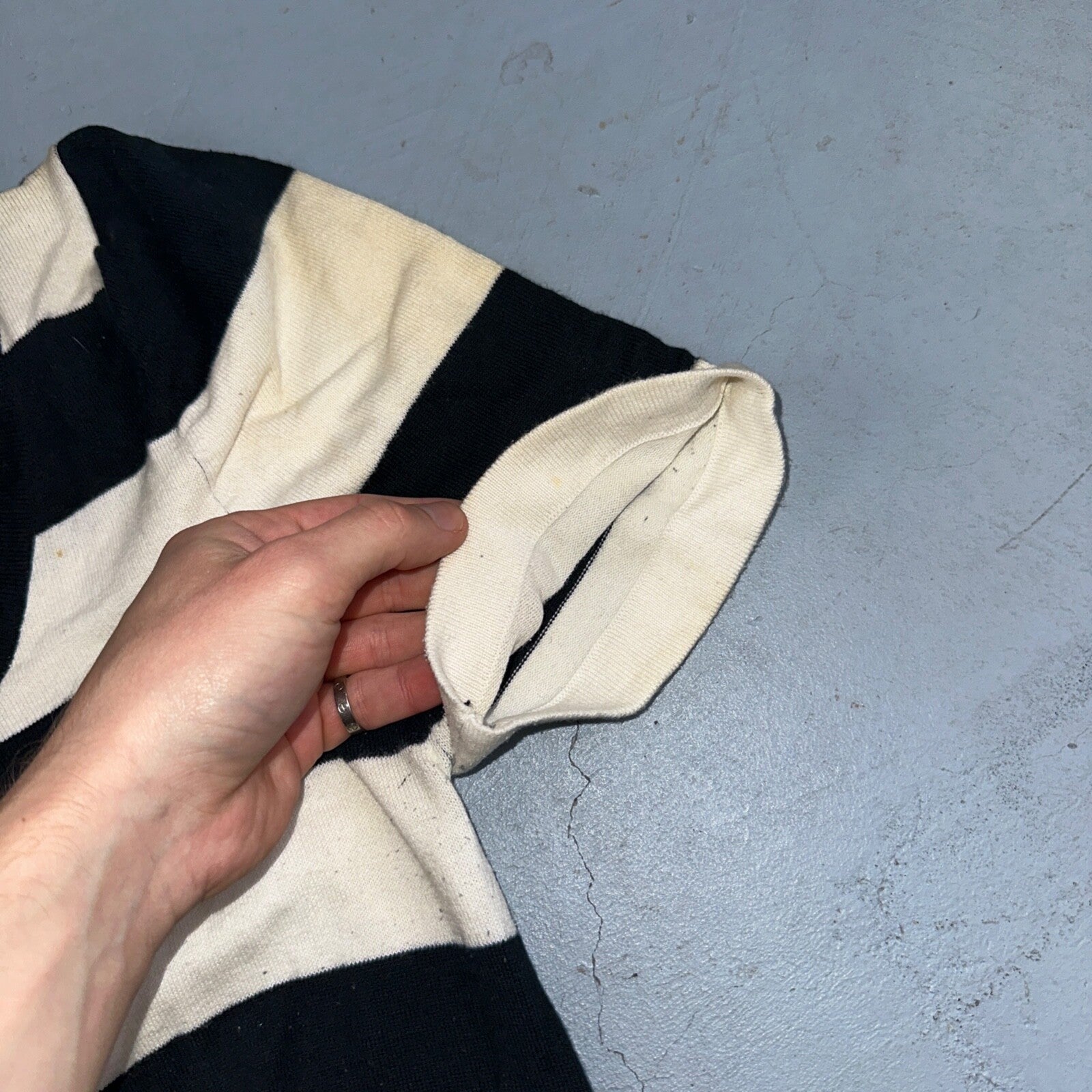 Black White Striped Midi Sweater Dress Round Neck Vintage Y2K Cool Pocket Front